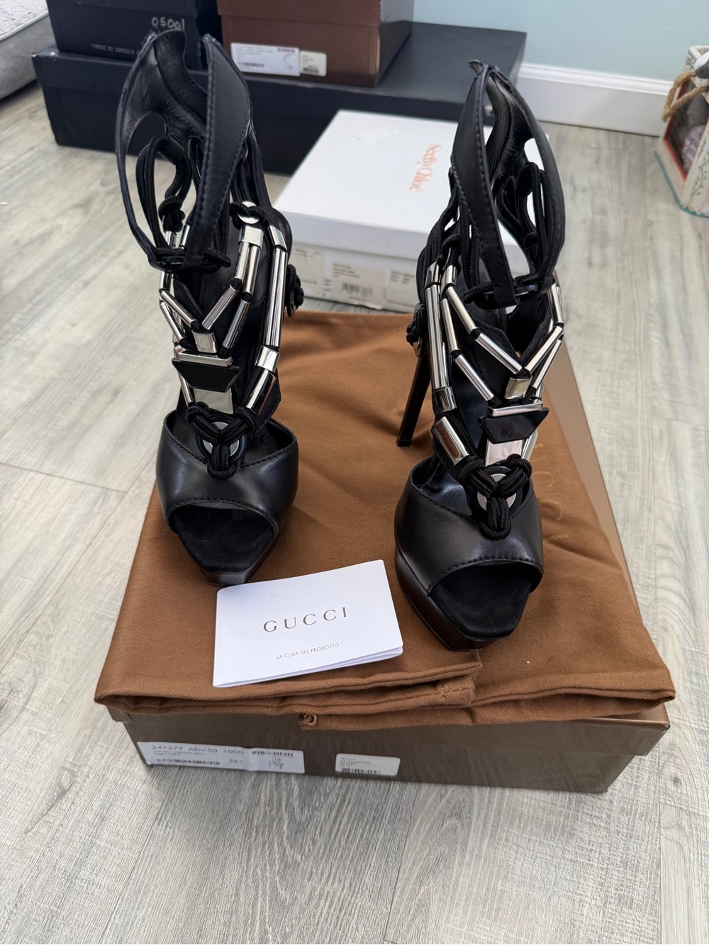 Gucci Black Leather Cage Strappy Heels with Silver accents Sandals Size 36 EU